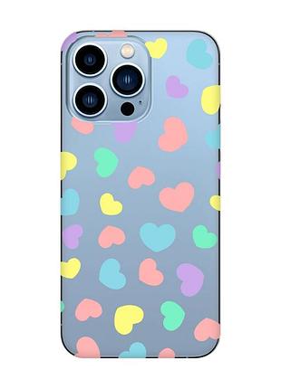Прозрачный чехол на iphone 13 pro max :: разноцветные сердечка (принт 335)