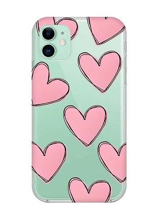 Прозорий чохол на apple iphone 11 (6,1) сердечка рожеві (принт 78)