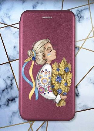 Чехол-книжка с рисунком для xiaomi redmi note 8 pro бордовый :: украинка с колосками (принт 173)
