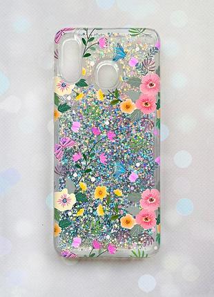Чохол з плаваючими блискітками на samsung galaxy a30(2019) a305/a20 срібний :: квітковий фон (принт 369)