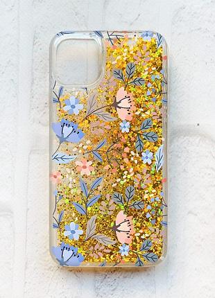 Чохол із плаваючими блискітками на iphone 11 золотий :: квітковий фон (принт 371)