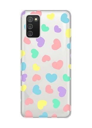 Прозрачный чехол для samsung galaxy a02s :: разноцветные сердечка (принт 335)