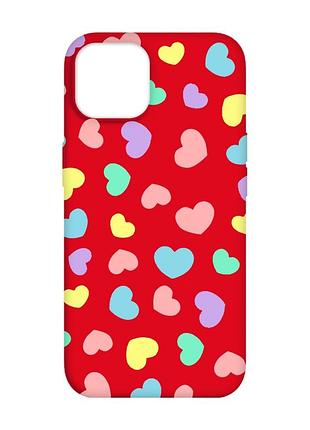 Матовий червоний чохол на apple iphone 14 :: різнокольорові сердечка (принт 335)