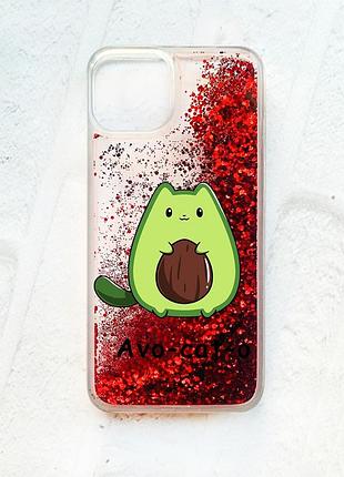 Чехол с плавающими блестками на iphone 14 красный :: котик авокадо (принт 306)