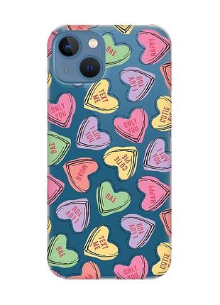 Прозрачный чехол на iphone 13 :: сердечка с текстом (принт 333)