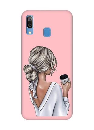 Матовый розовый чехол на samsung galaxy a30 (2019) / a20 (2019) девушка с латте (принт 227)