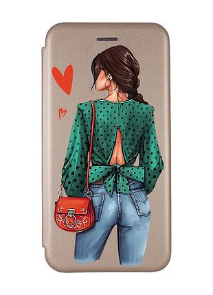 Чехол-книжка с рисунком для xiaomi redmi 9c/10a золотой :: девушка в зеленом (принт 224)