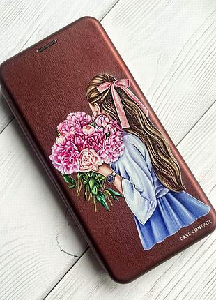 Чехол-книжка с рисунком для xiaomi redmi note 10/ note 10s бордовый :: девушка с пионами (принт 11) 2