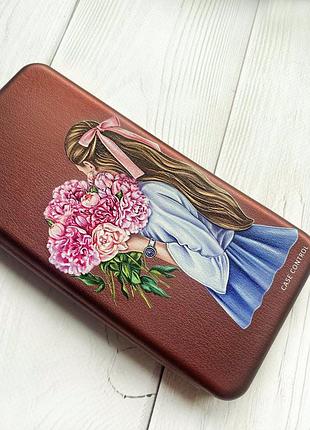 Чехол-книжка с рисунком для xiaomi redmi note 10/ note 10s бордовый :: девушка с пионами (принт 11) 3