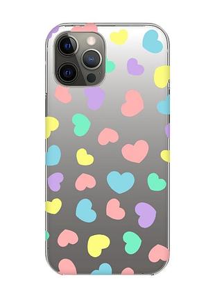 Прозрачный чехол на iphone 12 pro max :: разноцветные сердечка (принт 335)