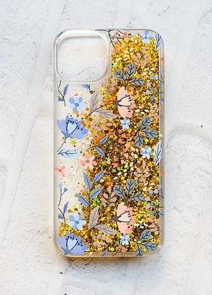 Чехол с плавающими блестками на iphone 14 золотой :: цветочный фон (принт 371)