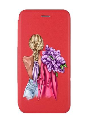 Чохол-книжка червоний з малюнком на xiaomi redmi note 12 дівчина з бузком (принт 7)