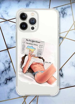 Прозрачный чехол с утолщёнными углами на iphone 14 pro :: девушка с газетой (принт 31)