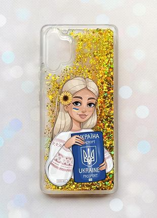 Чехол с плавающими блестками на samsung galaxy a32 золотой :: девушка с паспортом (принт 13)