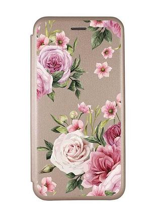 Чохол-книжка з малюнком на xiaomi redmi 7 :: золотий :: рожеві квіти /принт 287/