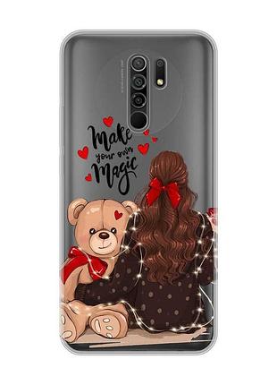 Прозрачный чехол на xiaomi redmi 9 девушка с мишкой (принт 188)