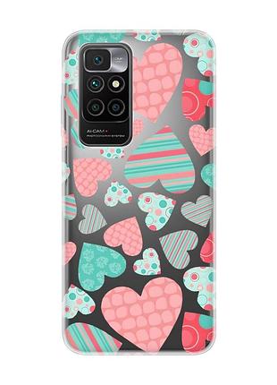 Прозрачный чехол на xiaomi redmi 10 :: разноцветные сердечка (принт 334)