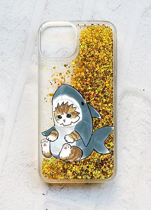 Чехол с плавающими блестками на iphone 14 золотой :: котёнок (принт 120)