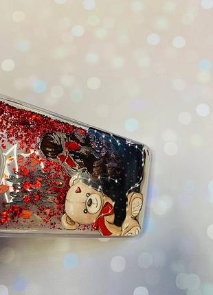 Чехол с плавающими блестками на iphone 14 красный :: девушка с мишкой (принт 188) 3