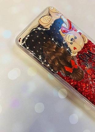 Чехол с плавающими блестками на iphone 14 красный :: девушка с мишкой (принт 188) 4