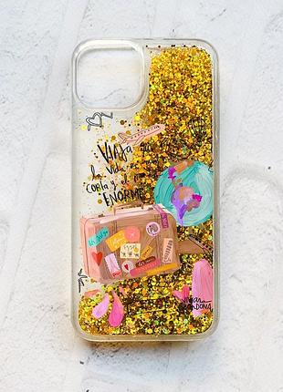 Чохол із плаваючими блискітками на iphone 14 золотий :: настрій подорожувати (принт 329)
