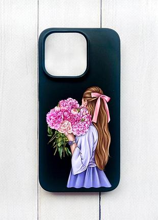 Матовий чохол на iphone 15 pro чорний :: дівчина з півоніями (принт 11)