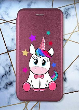 Чехол-книжка с рисунком для xiaomi redmi note 8 бордовый :: единорог (принт 102)