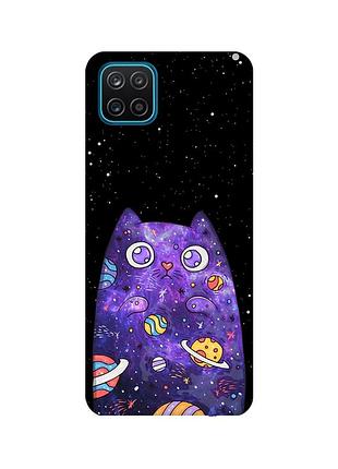 Матовий чохол з бірюзовими боками на samsung galaxy a12 :: фіолетова кішка (принт 361)