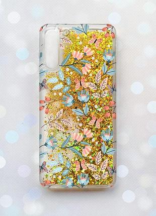 Чехол с плавающими блестками на samsung galaxy a50 (2019) a505f золотой :: цветочный фон (принт 370)