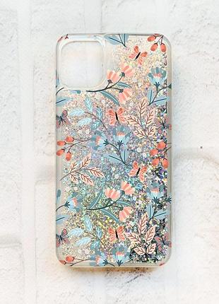 Чехол с плавающими блестками на iphone 11 серебряный :: цветочный фон (принт 370)