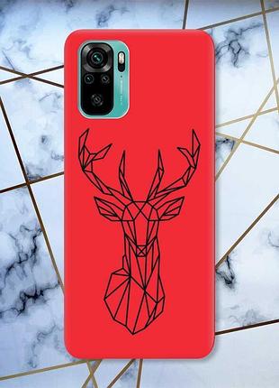 Матовый красный чехол на xiaomi redmi note 10 / note 10s олень (принт 128)