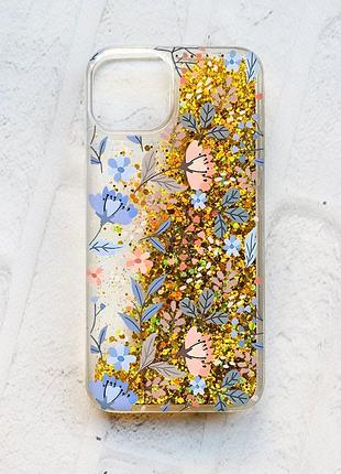 Чохол із плаваючими блискітками на iphone 13 золотий :: квітковий фон (принт 371)