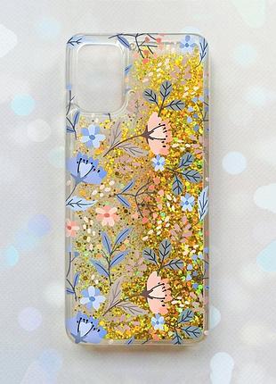 Чехол с плавающими блестками на samsung galaxy a02s золотой :: цветочный фон (принт 371)