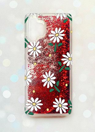 Чехол с плавающими блестками на samsung galaxy a32 красный :: ромашки (принт 368)