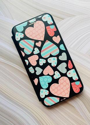 Чехол-книжка черный с рисунком на xiaomi redmi note 12 разноцветные сердечка (принт 334) 2