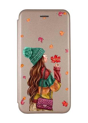 Чохол-книжка з малюнком на xiaomi redmi 7 :: золотий :: дівчина з листям /принт 221/