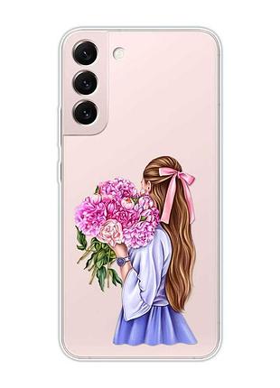 Прозорий чохол на samsung galaxy s22 :: дівчина з півоніями (принт 11)