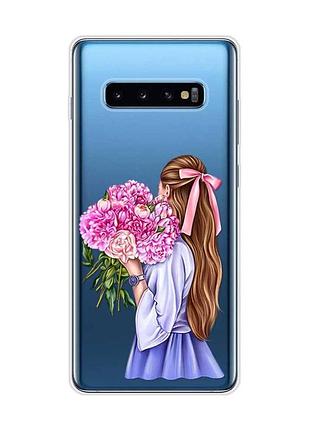 Прозорий чохол на samsung galaxy s10 plus :: дівчина з півоніями (принт 11)