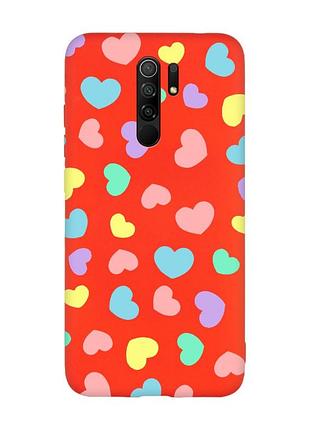 Матовый красный чехол на xiaomi redmi note 8 pro :: разноцветные сердечка (принт 335)