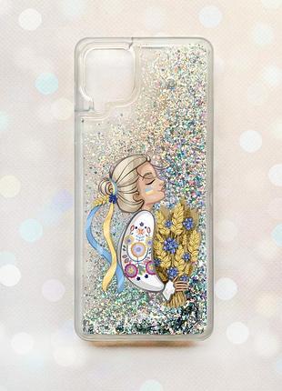 Чехол с плавающими блестками samsung galaxy a12 серебряный :: украинка с колосками (принт 173)