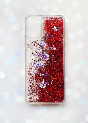 Чехол с плавающими блестками на samsung galaxy a03s (a037) красный :: веточка цветов (принт 278)