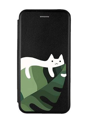 Чохол-книжка з малюнком для samsung galaxy a12 чорний :: кіт на листку (принт 367)