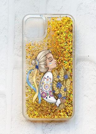 Чохол із плаваючими блискітками на iphone 11 золотий :: українка з колосками (принт 173)