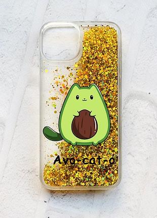 Чехол с плавающими блестками на iphone 13 :: золотой :: котик авокадо (принт 306)