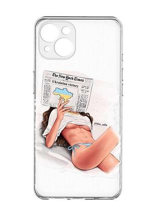 Прозрачный чехол с защитой камер на iphone 15 plus :: девушка с газетой (принт 31)