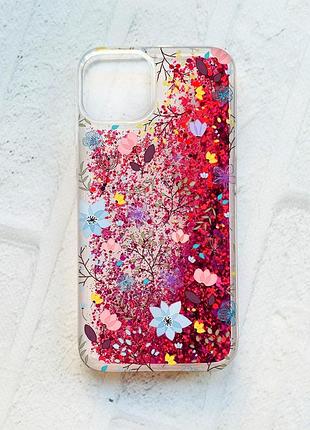 Чехол с плавающими блестками на iphone 14 розовый :: цветочный фон (принт 267)