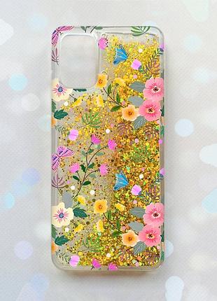 Чехол с плавающими блестками на samsung galaxy a02s золотой :: цветочный фон (принт 369)
