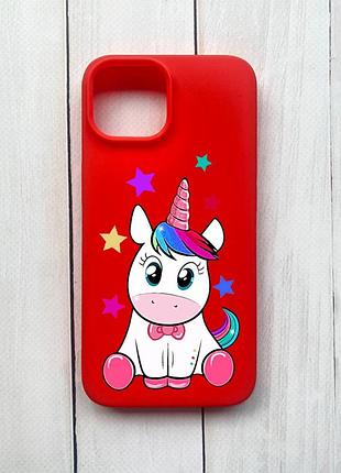 Матовый чехол на iphone 15 красный :: единорог (принт 102)