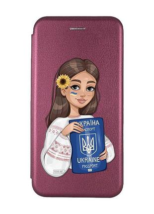 Чехол-книжка с рисунком для xiaomi redmi note 8 бордовый :: девушка с паспортом (принт 12)