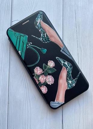 Чехол-книжка с рисунком на xiaomi redmi note 7/7 pro :: черный :: туфельки и цветы /принт 225/ 3